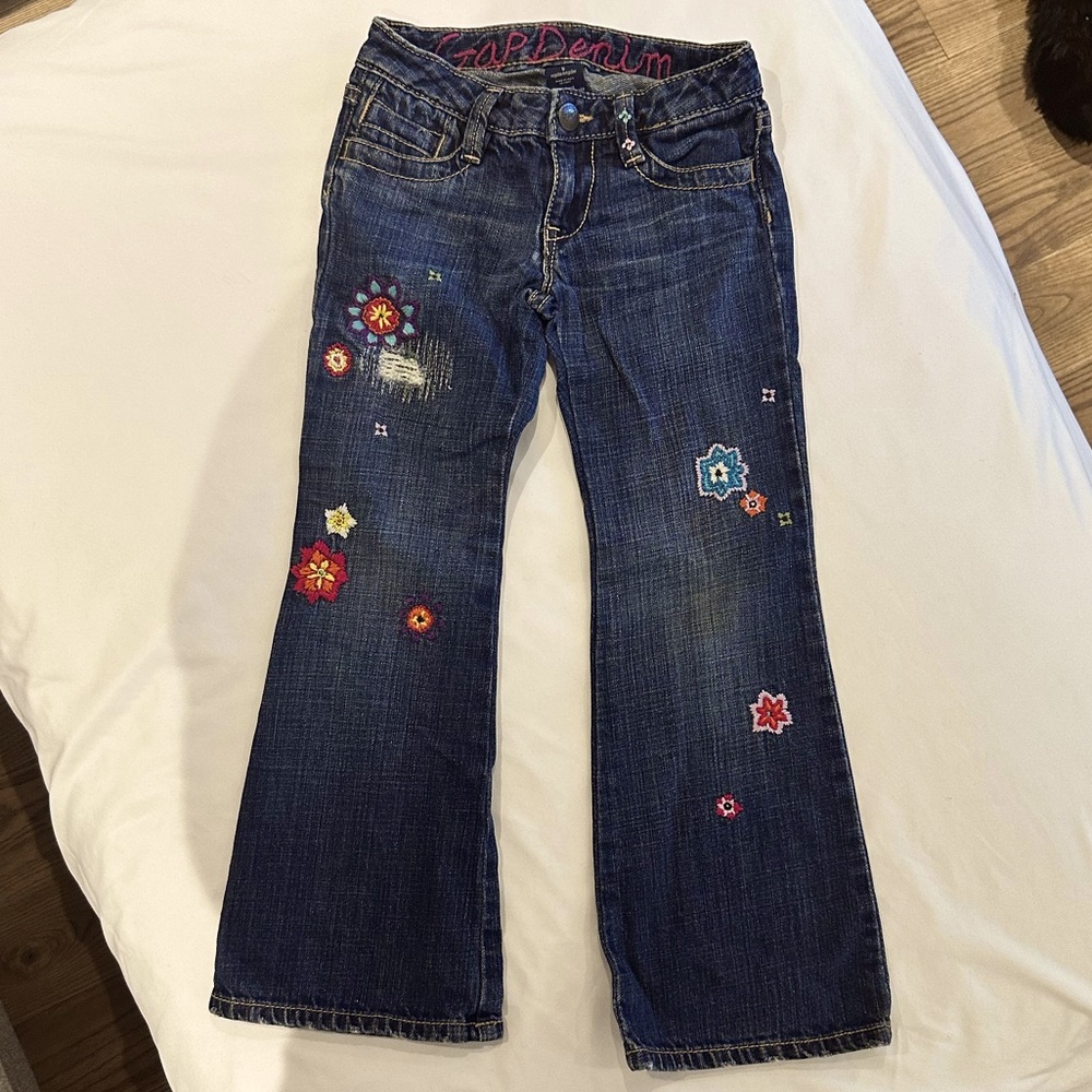 Lovely thick denim floral embroidered flared jeans